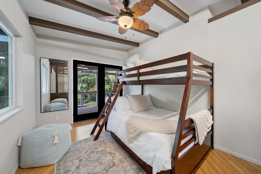 Comfy Twin over Full Bunk beds with ceiling fan perfect for kids
