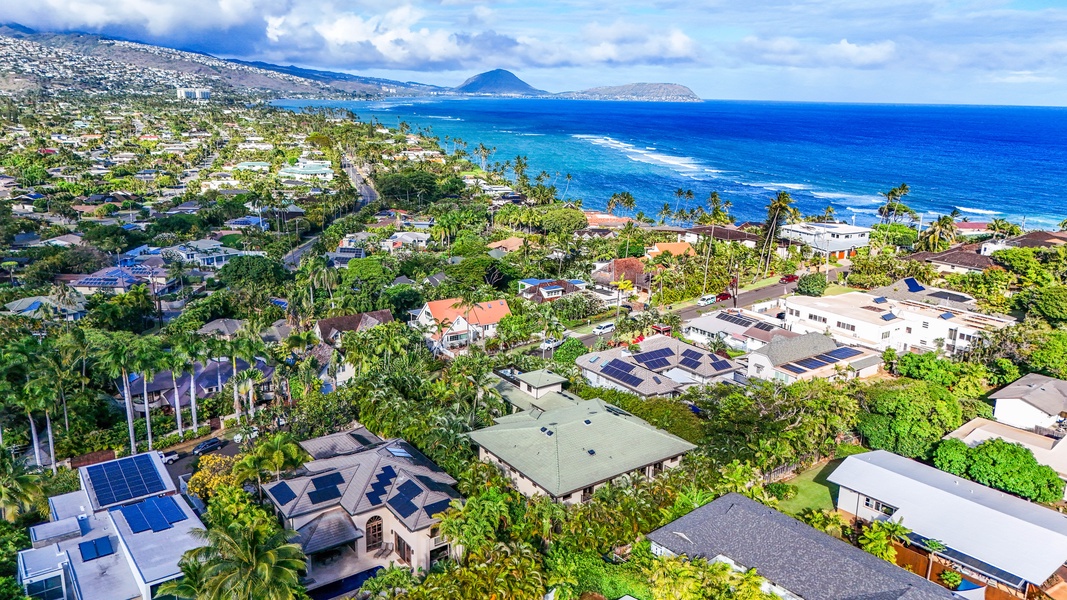Aerial view of Black Point with sweeping ocean and coastline vistas.