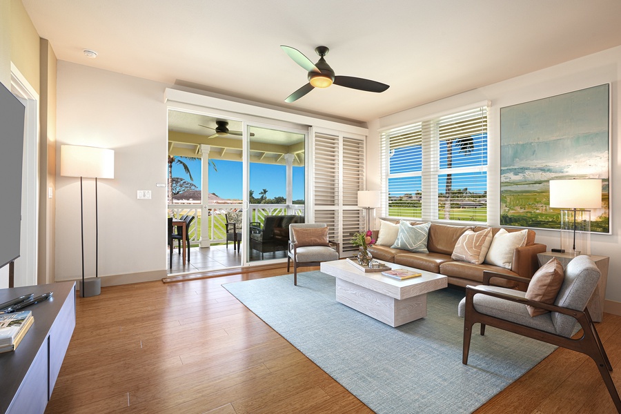 The living room is drenched in natural light