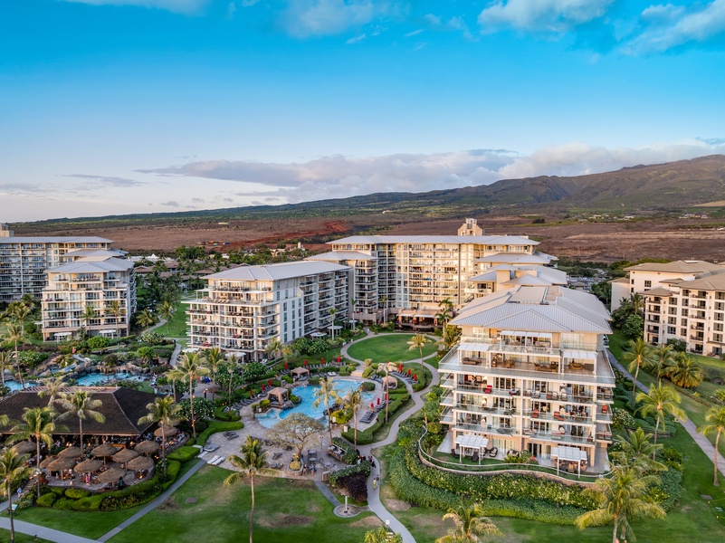 Aerial view of Honua Kai reveals the resort’s stunning design—Konea 204 is nestled in the heart of it all.