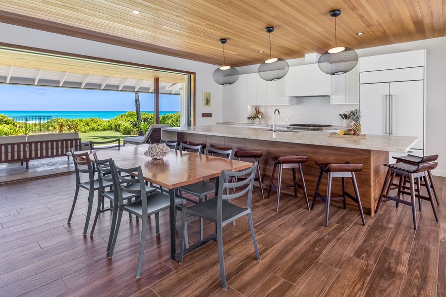 Breakfast bar seating in the open, modern kitchen.