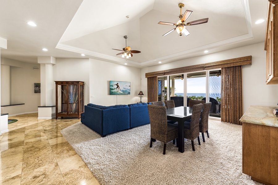 Indoor dining areas steps from the kitchen