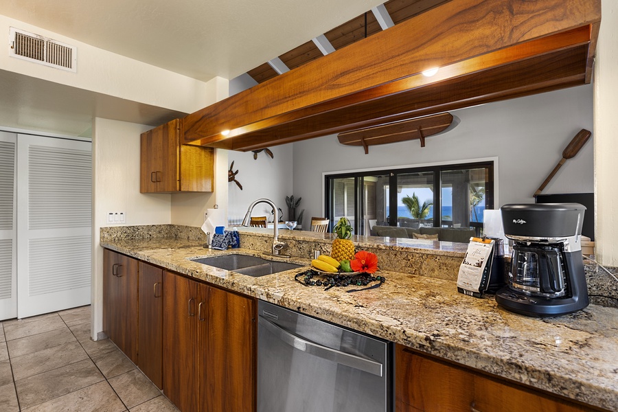 Koa wood cabinetry and granite counters
