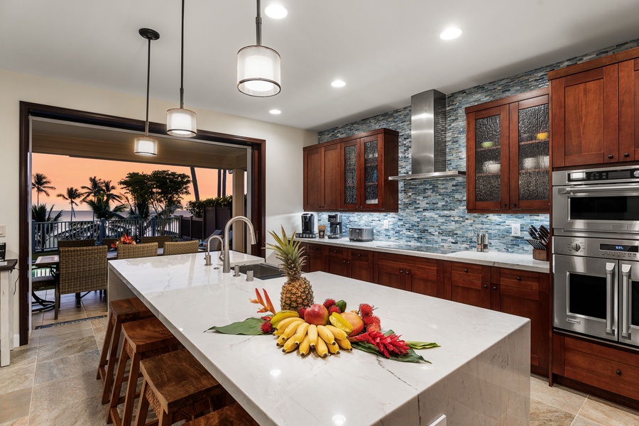 Enjoy twilight ambiance while cooking in this stylish kitchen.