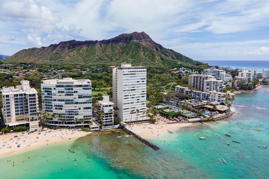Breathtaking views of the city skyline, coastline, Diamond Head, mountain ranges, and the Pacific Ocean's sparkling waters