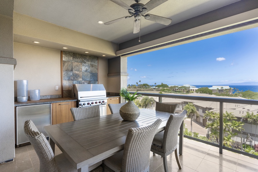 Savor grilled meals with sweeping views on the lanai at Wailea Luxury Residence Hoolei 23-3.