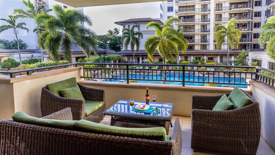 The spacious lanai overlooking the lap pool at the resort.