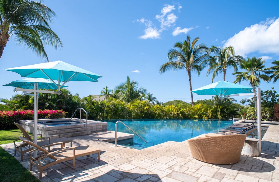 Enjoy the infinity-edge saline pool overlooking the Kohala Coast, framed by lush palms and blue skies.