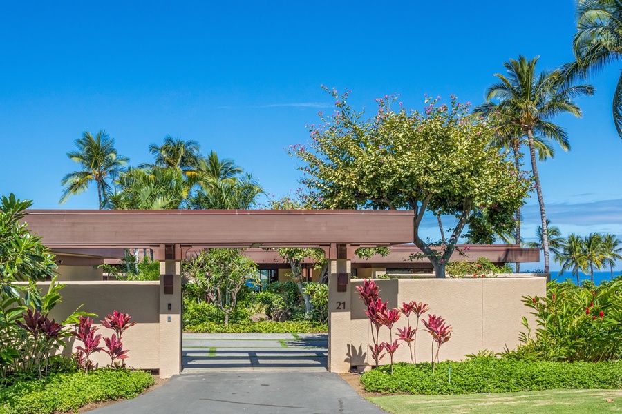 Gated Private Entrance to Villa 21 w/Large Motor Court & Two-Car Garage.