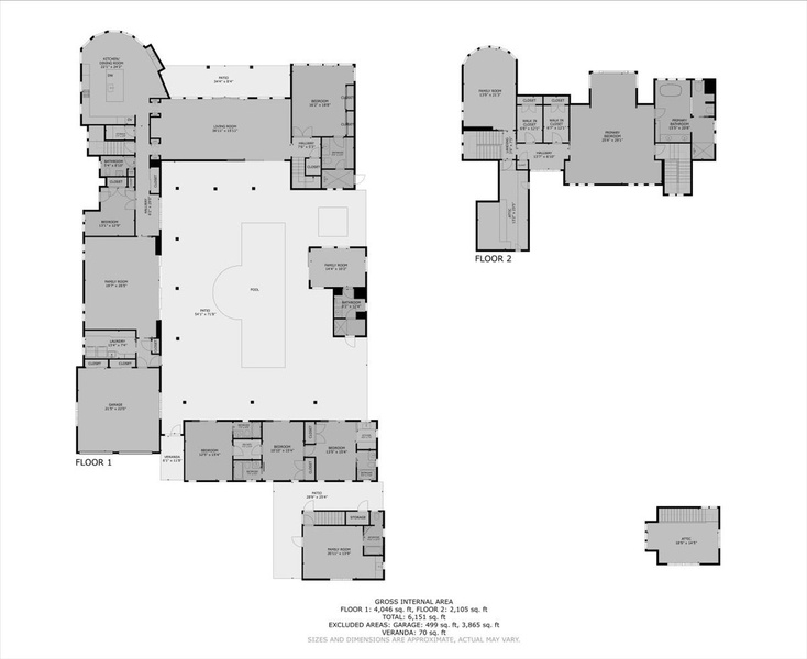 Full property floor plan showcasing the spacious layout, guest suite, and main residence.