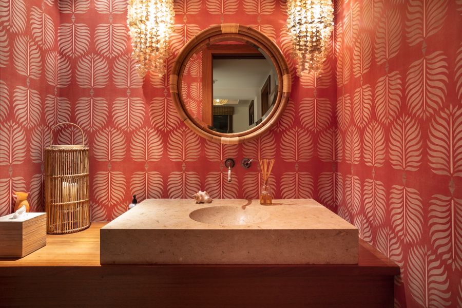 Gorgeously decorated powder room located off of the great room