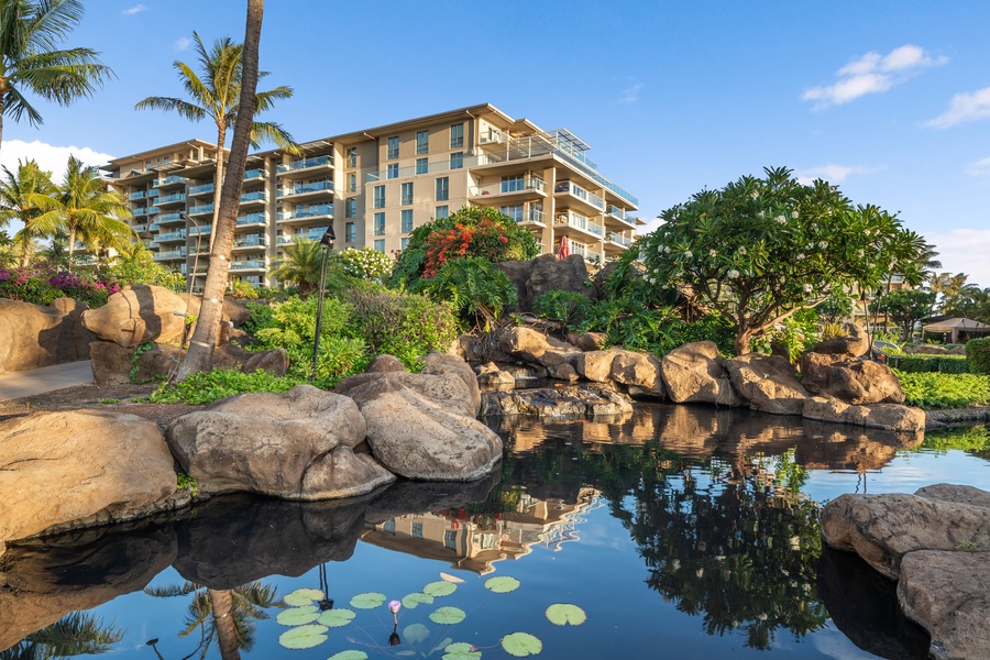 Reflective gardens and koi ponds add a meditative charm near Honua Kai Konea 204.