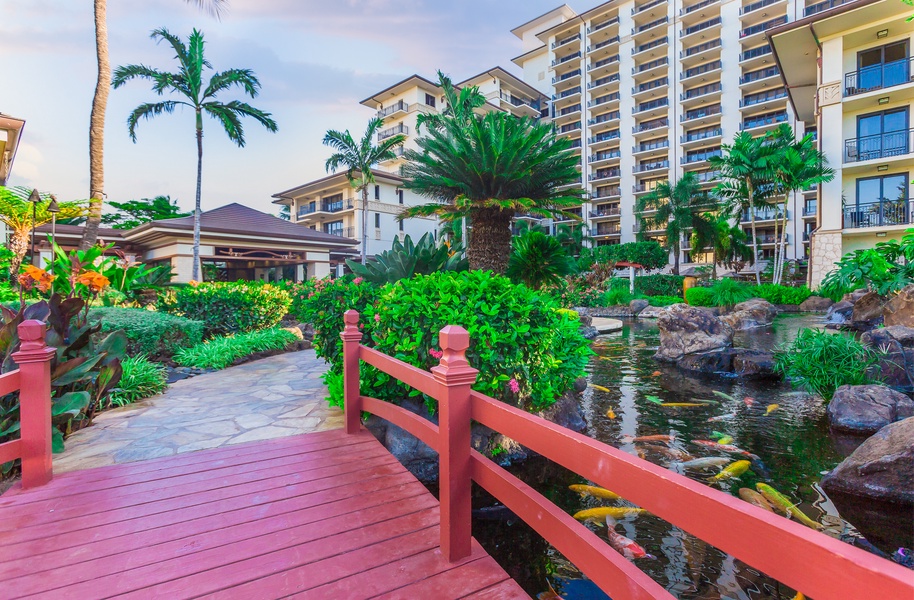 A bright red bridge over the Koi pond with colorful fish.