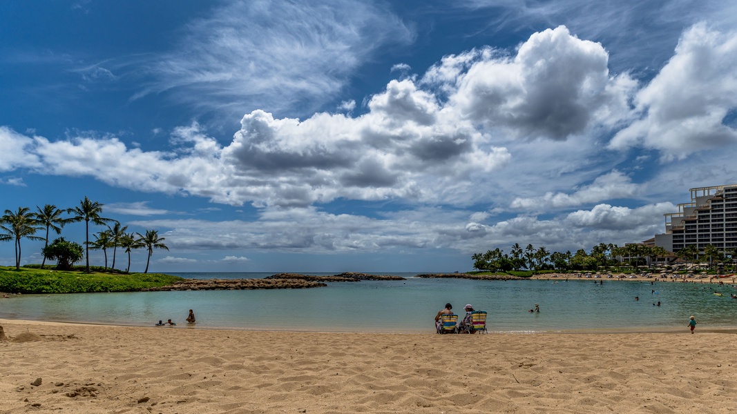 Picturesque skies over sandy beaches at the lagoon.