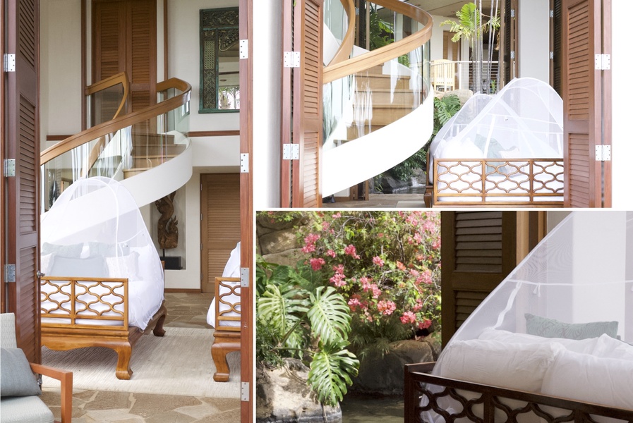 Elegant mosquito netting enclosures allow shutter doors to remain open for maximum sleeping comfort on breezy tropical nights.