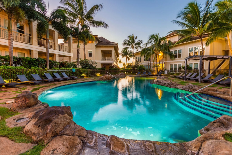 The Villas at Poipu Kai also boast a peaceful pool with plenty of places to lounge, as well as a community hot tub, a well-equipped fitness center, and barbecue grills. Manicured grounds with waterfalls, fountains, and palm trees envelop you in a tropical 