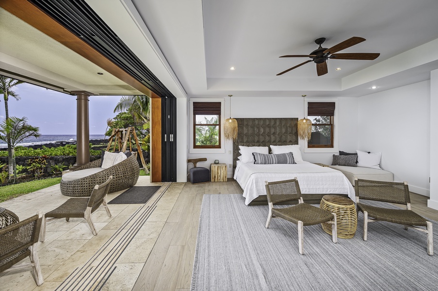 2nd Floor Master has a huge outdoor lanai with views for miles and outdoor Restoration Hardware furniture with oversized lounge chairs and chaise lounges