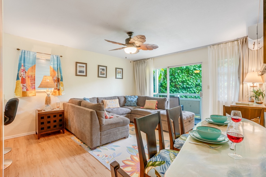 Start your day with coffee and a tropical breeze from the shaded lanai overlooking garden courtyards and palms.