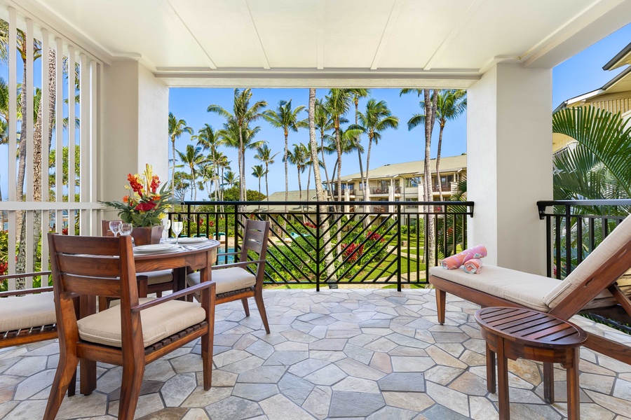 Your private lanai offers tropical views while you dine al fresco or relax in comfortable seating surrounded by swaying palms.