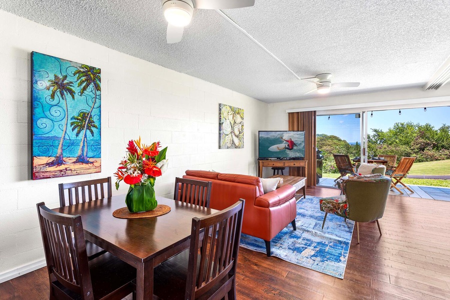 Open-concept living and dining area.