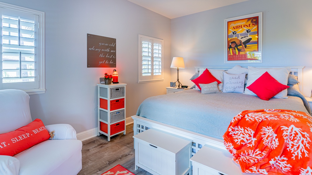 The primary guest bedroom features whimsical artistry and extra storage.