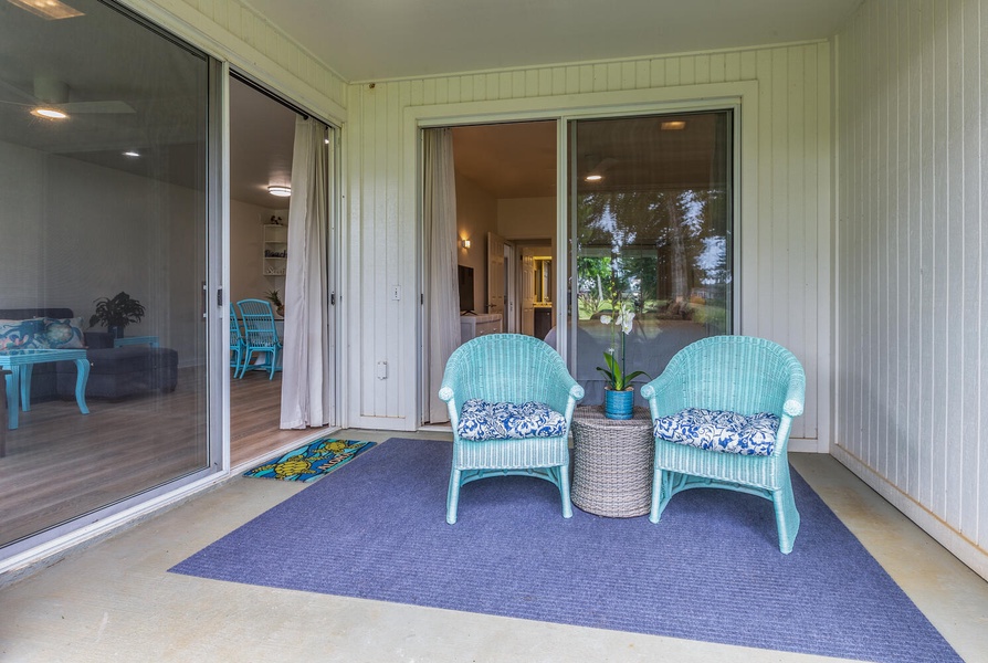 Lanai accessible from living area and primary bedroom