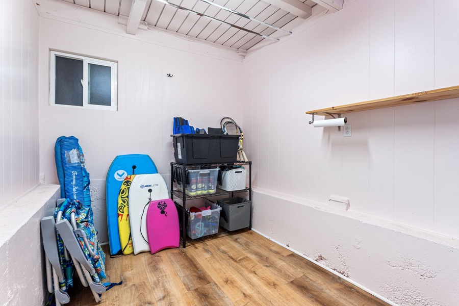Your private storage room keeps beach gear, sports equipment, and belongings organized and easily accessible throughout your stay.