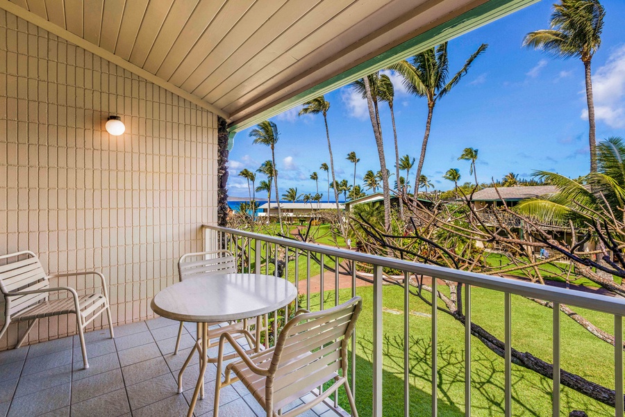 Feel the breeze and soak in garden serenity from Napili Shores F-252’s private lanai.