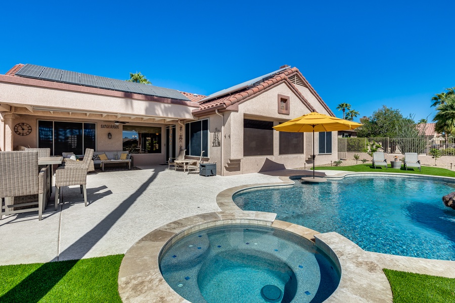 The Cozy Cactus Pad, a 3 bedroom and 2.5 bath home sits alongside the private Desert Springs Golf Course in a beautifully manicured neighborhood in the charming town of Surprise, AZ