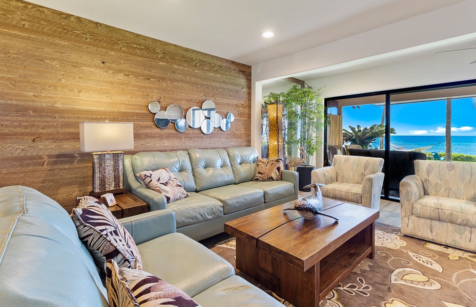 Stylish living area blending modern design with warm wooden tones and tropical flair.