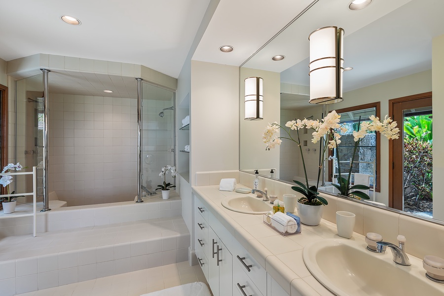 Downstairs bathroom with a luxurious double vanity and walk-in shower.