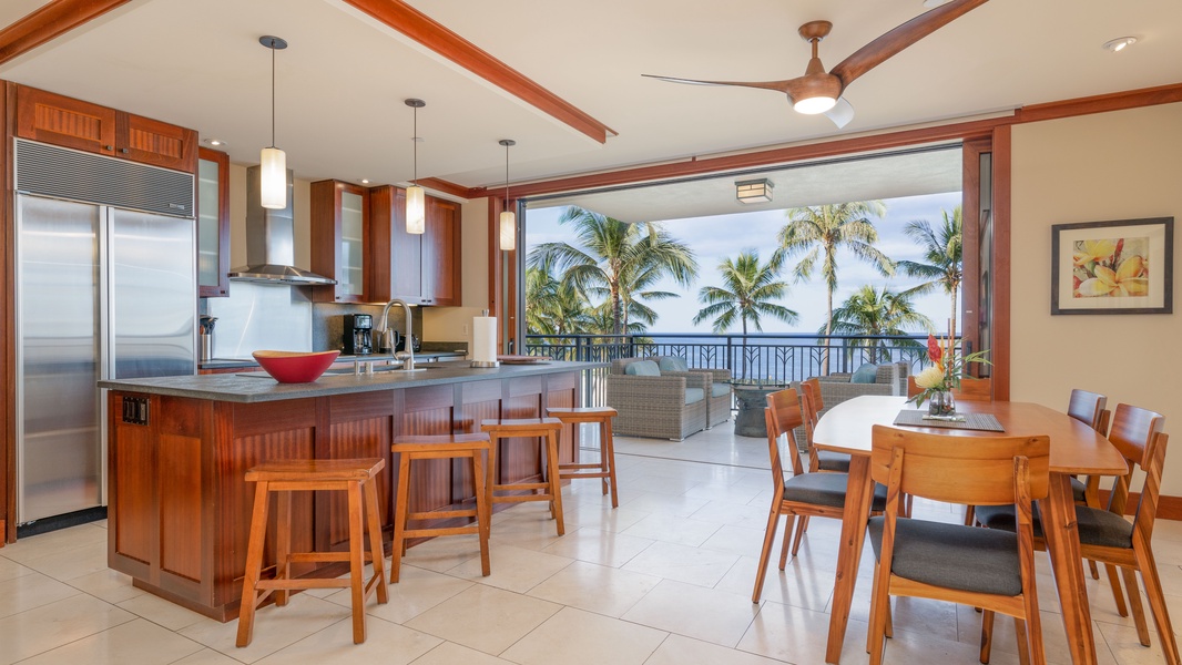 Dine with sea breezes and bar seating in the kitchen.