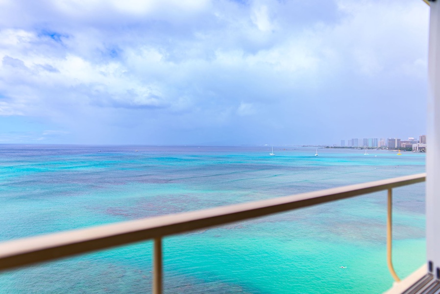 Panoramic views of turquoise ocean waters from your balcony, inviting you to relax and soak up the island beauty.