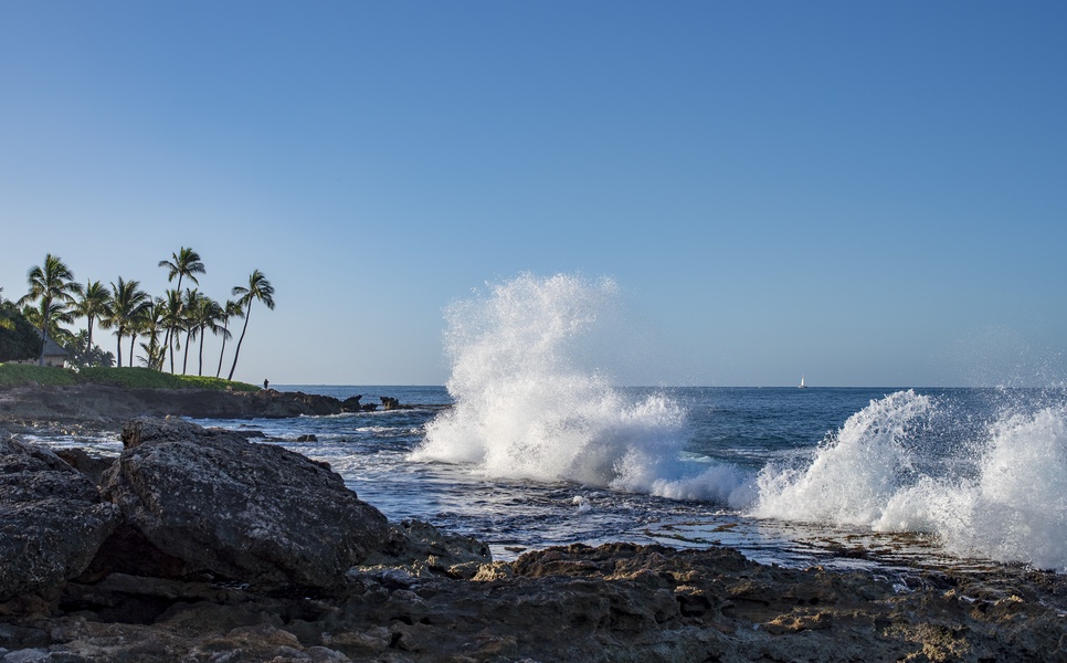 Waves crashing on the island shore.