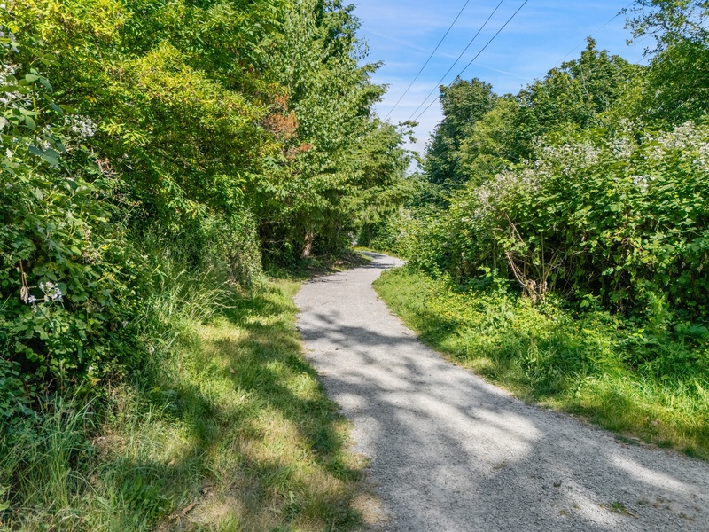 Winding gravel trails invite peaceful strolls through the greenery.