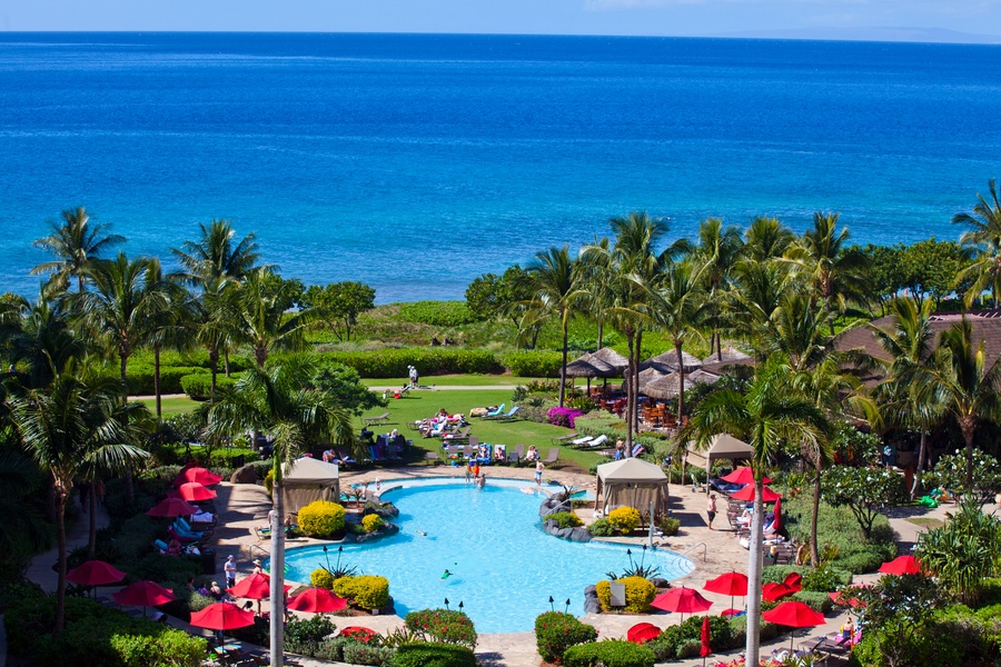 Lush gardens and cascading pools define the oasis just steps from Honua Kai Konea 204.