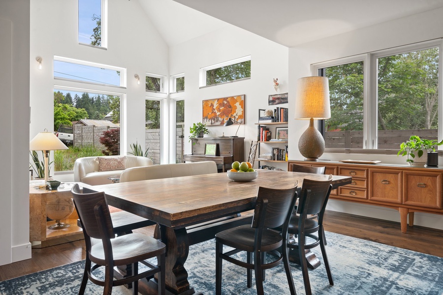 Gather for meals at the rustic dining table, perfect for game nights or slow breakfasts.