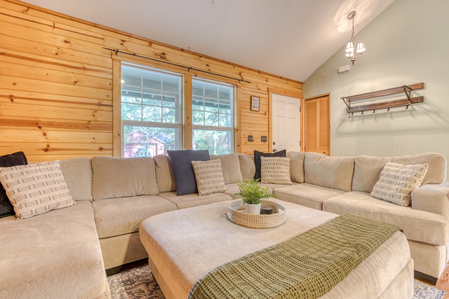 The entrance to this home sits just behind the living area