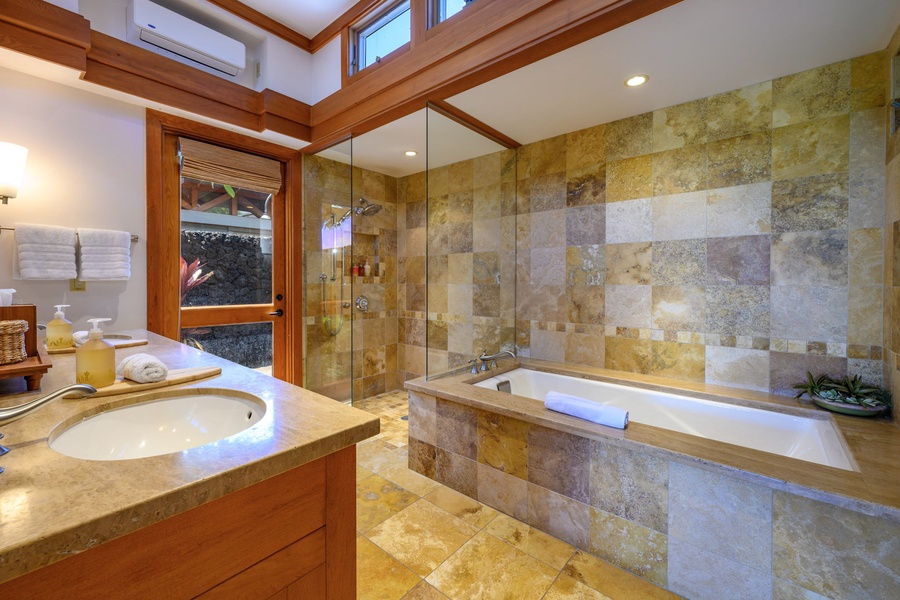 The ensuite bathroom includes a soaker tub, a tiled glass wall-enclosed shower, dual vanity, and high ceilings.