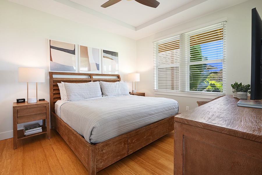 The Primary Bedroom has a king bed, ensuite bathroom, and partial ocean and golf course views