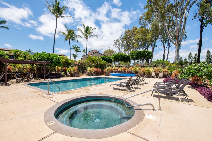 Enjoy a rejuvenating soak in the beautifully landscaped jacuzzi at Cabana A—just steps from the pool and loungers.