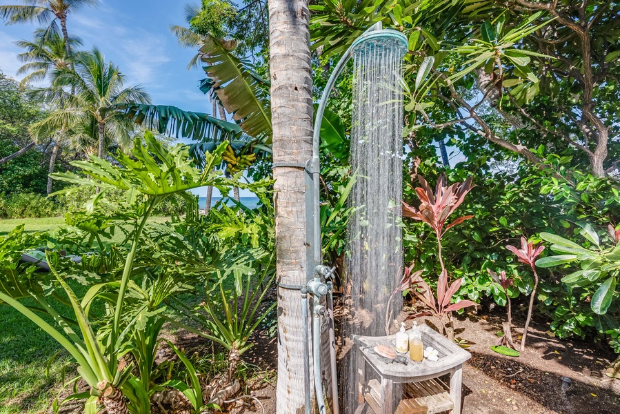 Outdoor shower surrounded by lush tropical foliage