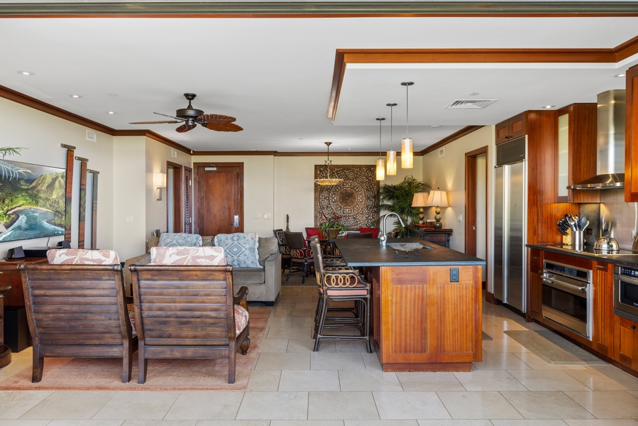 Seamless flow between the living, kitchen and dining areas.