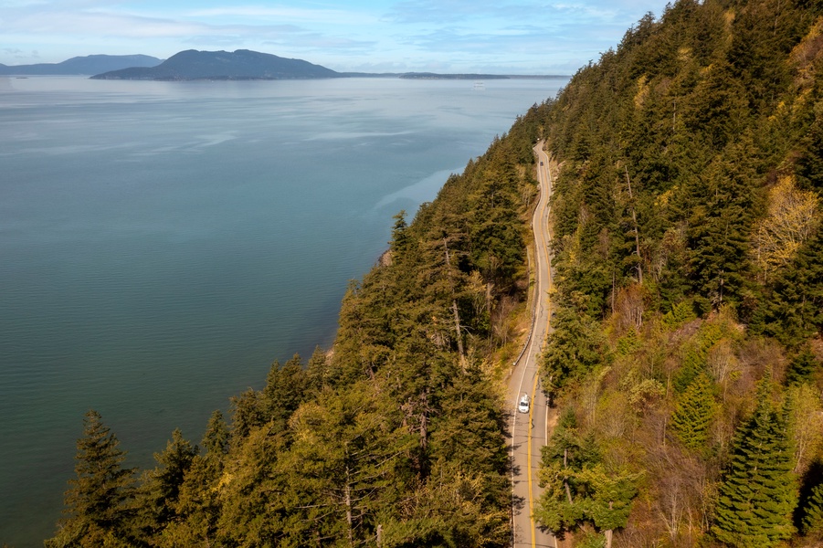 Aerial view of a scenic coastal road with lush trees and expansive water views on both sides.