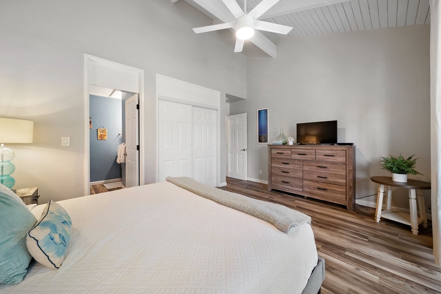 Primary bedroom with ensuite bathroom, large closet and cable TV