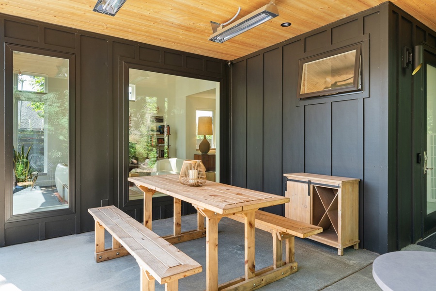 Dine al fresco under the covered patio with heaters for year-round comfort.