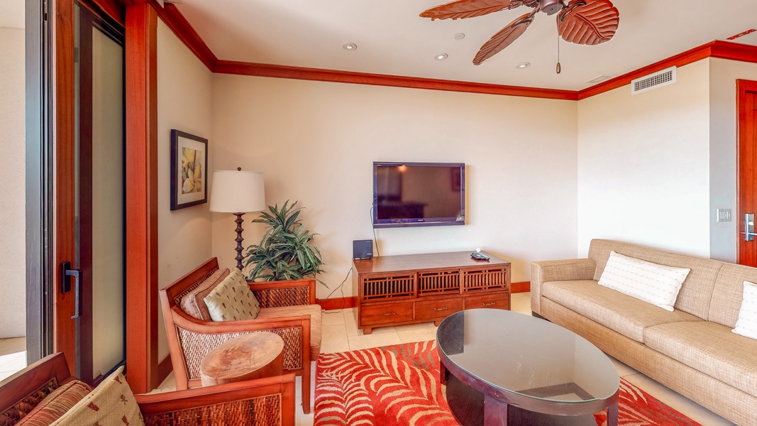 Vibrant décor and a relaxing setting with a TV—perfect for unwinding with movie nights.