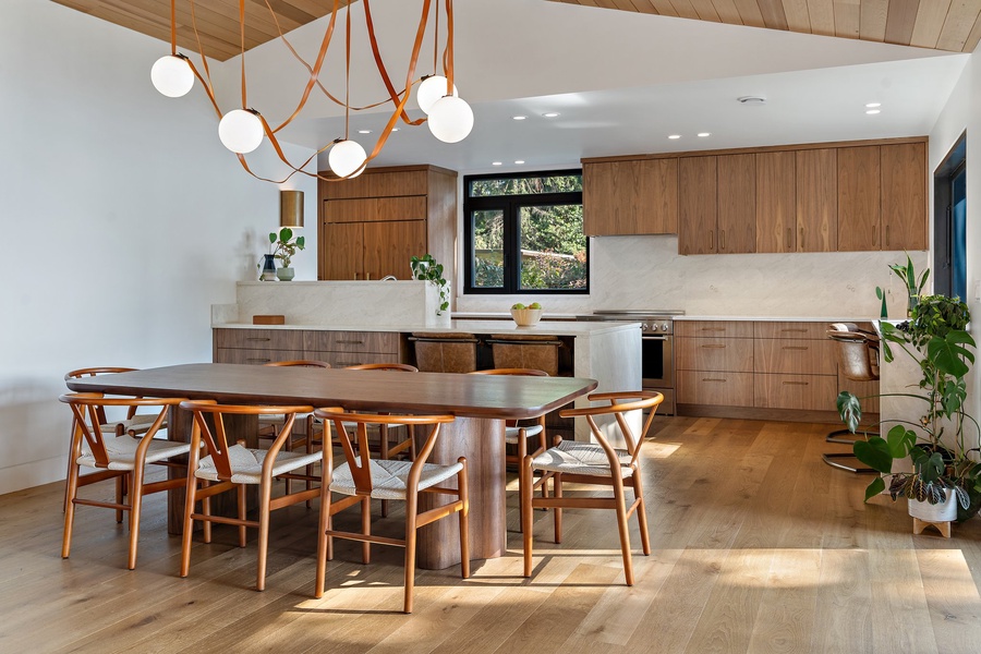 The rustic dining area with table for eight.