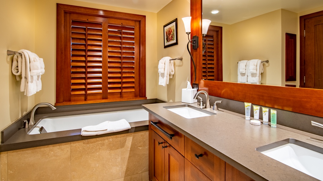 The primary guest bathroom with a luxurious soaking tub.