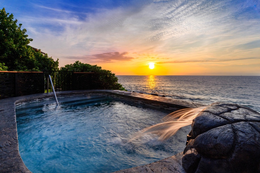 Evening soaks in the spa as the sun dips into the Pacific—pure island bliss.